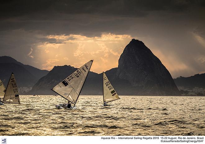 Sunset Finn sailing - Aquece Rio - International Sailling Regatta 2015 ©  Jesus Renedo / Sailing Energy http://www.sailingenergy.com/